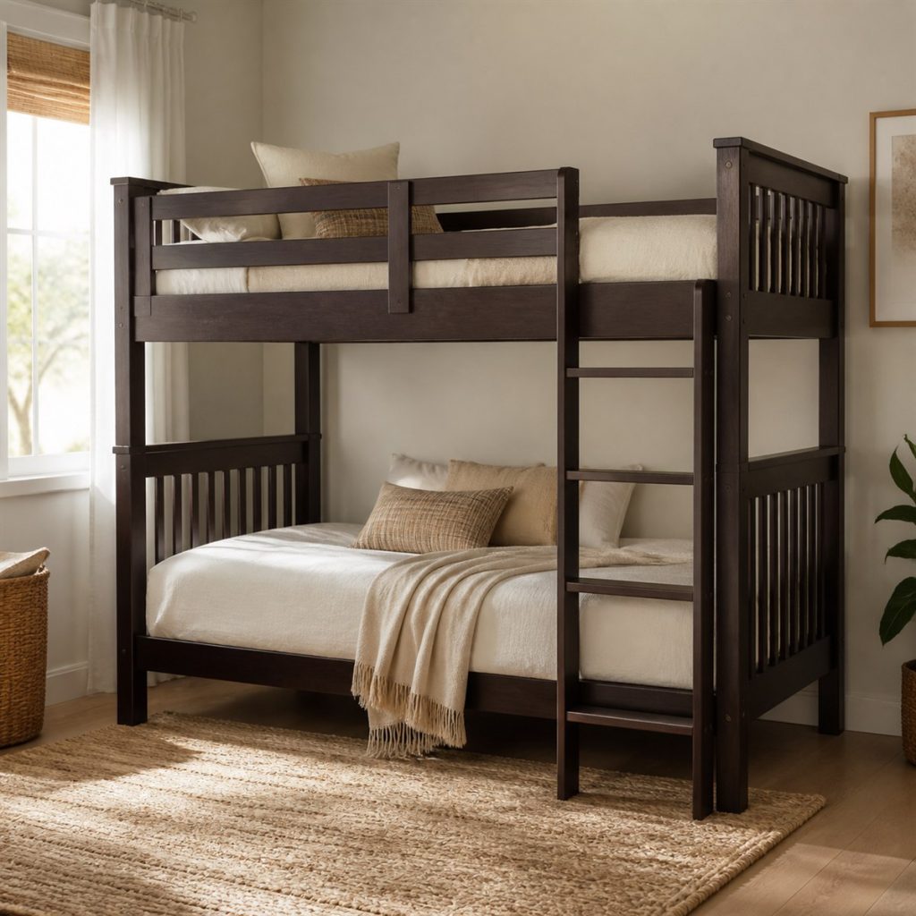 Light Wood Bunk with Open Cubbies shown in a square photorealistic bunk bed storage and ladder bedroom visualization