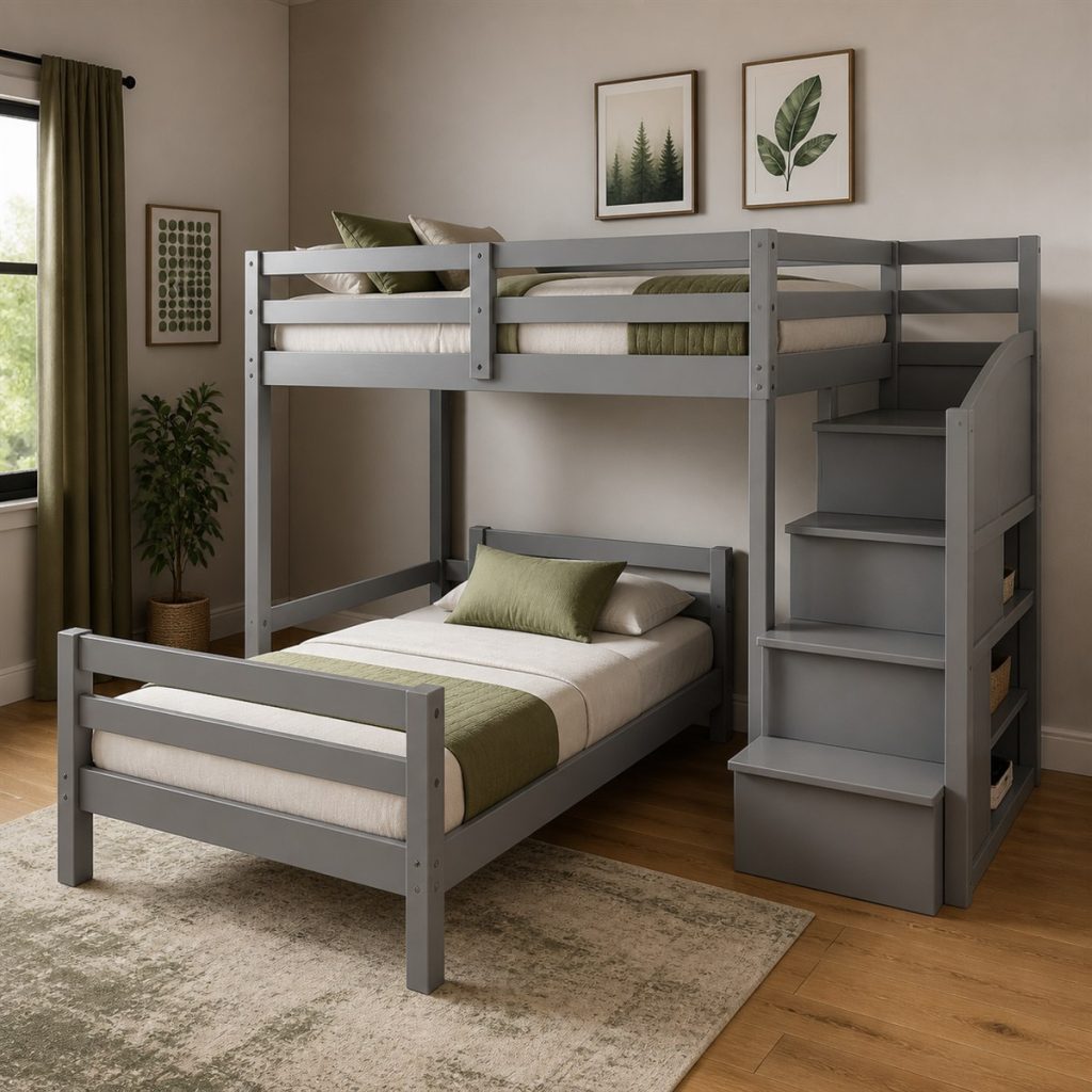 White House Bunk with Study Desk shown as a square photorealistic house-frame bunk bed and workspace visualization