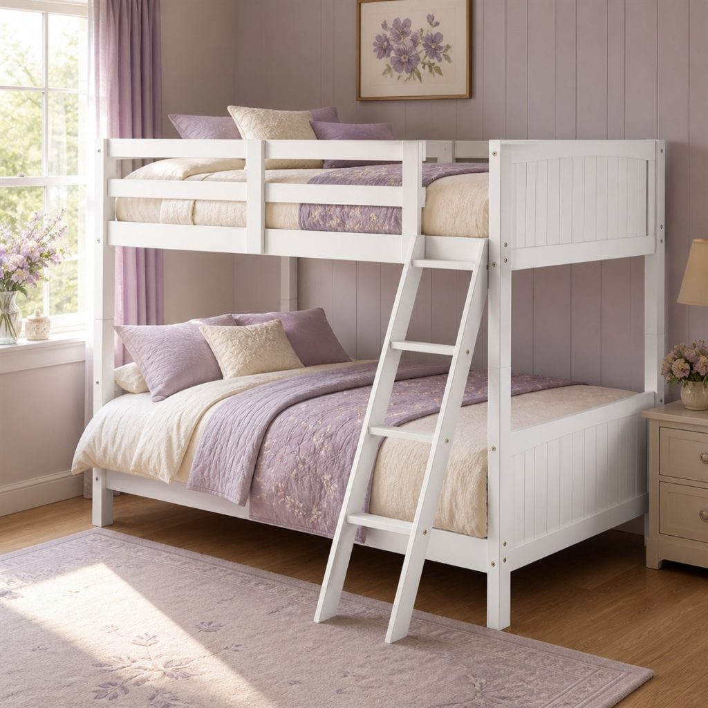Natural Cabin-Frame Twin Bunk shown as a square photorealistic house-frame bunk bed and workspace visualization