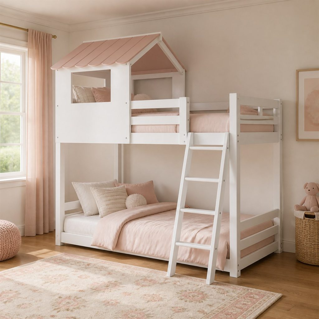 Gray House Loft with Reading Bench shown as a square photorealistic house-frame bunk bed and workspace visualization