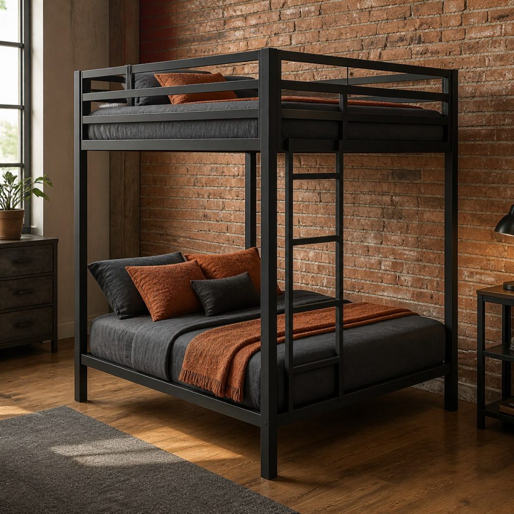 Black Frame Loft with Long Workspace shown as a square photorealistic house-frame bunk bed and workspace visualization