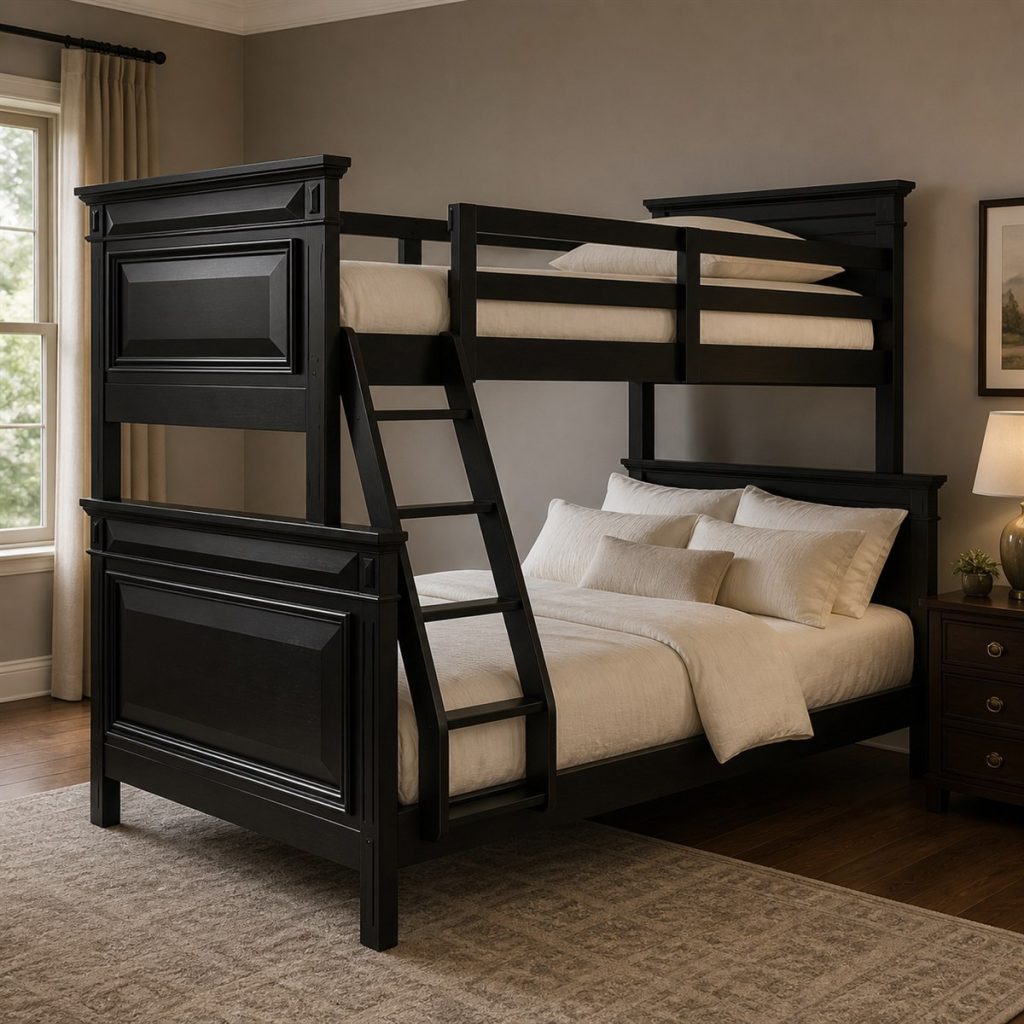 Oak Roofline Bunk with Storage Drawers shown as a square photorealistic house-frame bunk bed and workspace visualization