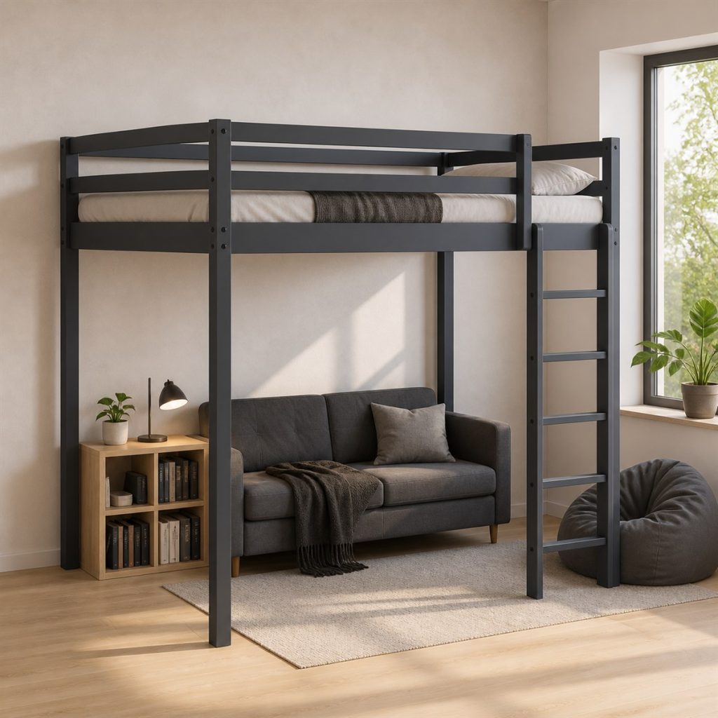 Two-Tone House Bunk with Book Shelves shown as a square photorealistic house-frame bunk bed and workspace visualization
