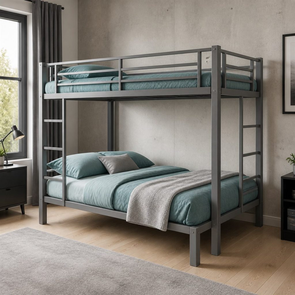 Walnut Loft House with Wardrobe shown as a square photorealistic house-frame bunk bed and workspace visualization