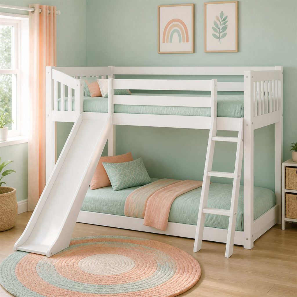 White Cottage Bunk with Guest Trundle shown as a square photorealistic house-frame bunk bed and workspace visualization