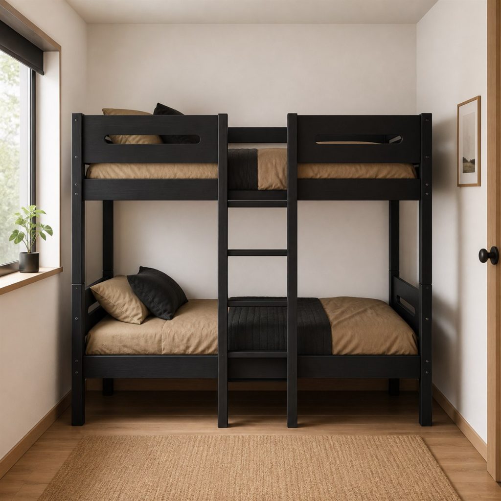 Modern Gable Loft with Corner Desk shown as a square photorealistic house-frame bunk bed and workspace visualization