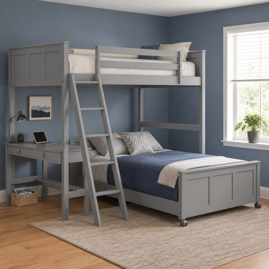 Minimal House Frame with Open Play Zone shown as a square photorealistic house-frame bunk bed and workspace visualization
