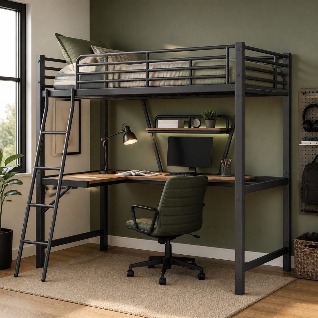 Graphite loft bed office with angled ladder and shelves