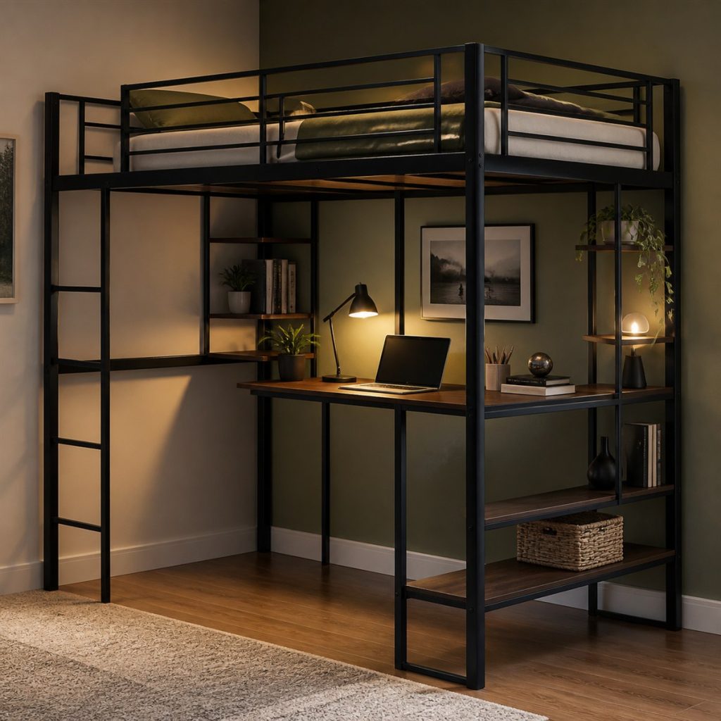 Black loft bed with corner worktop and open shelves