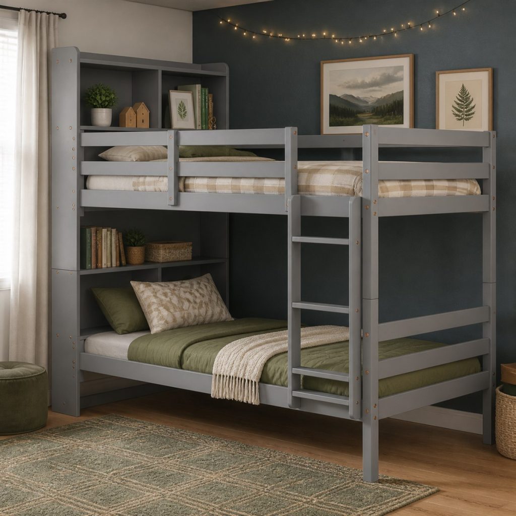 Gray bunk bed with bookcase end and integrated ladder