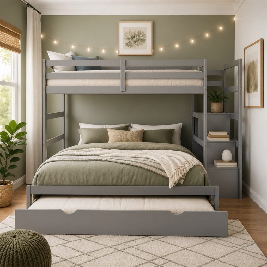 Light gray bunk bed with a pull-out lower guest mattress