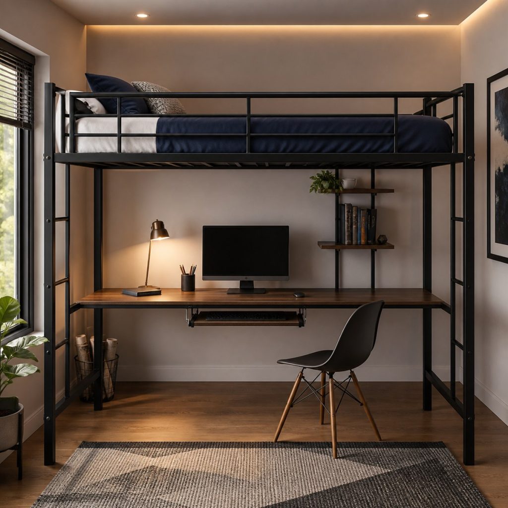 Black loft bed with minimalist desk worktop below