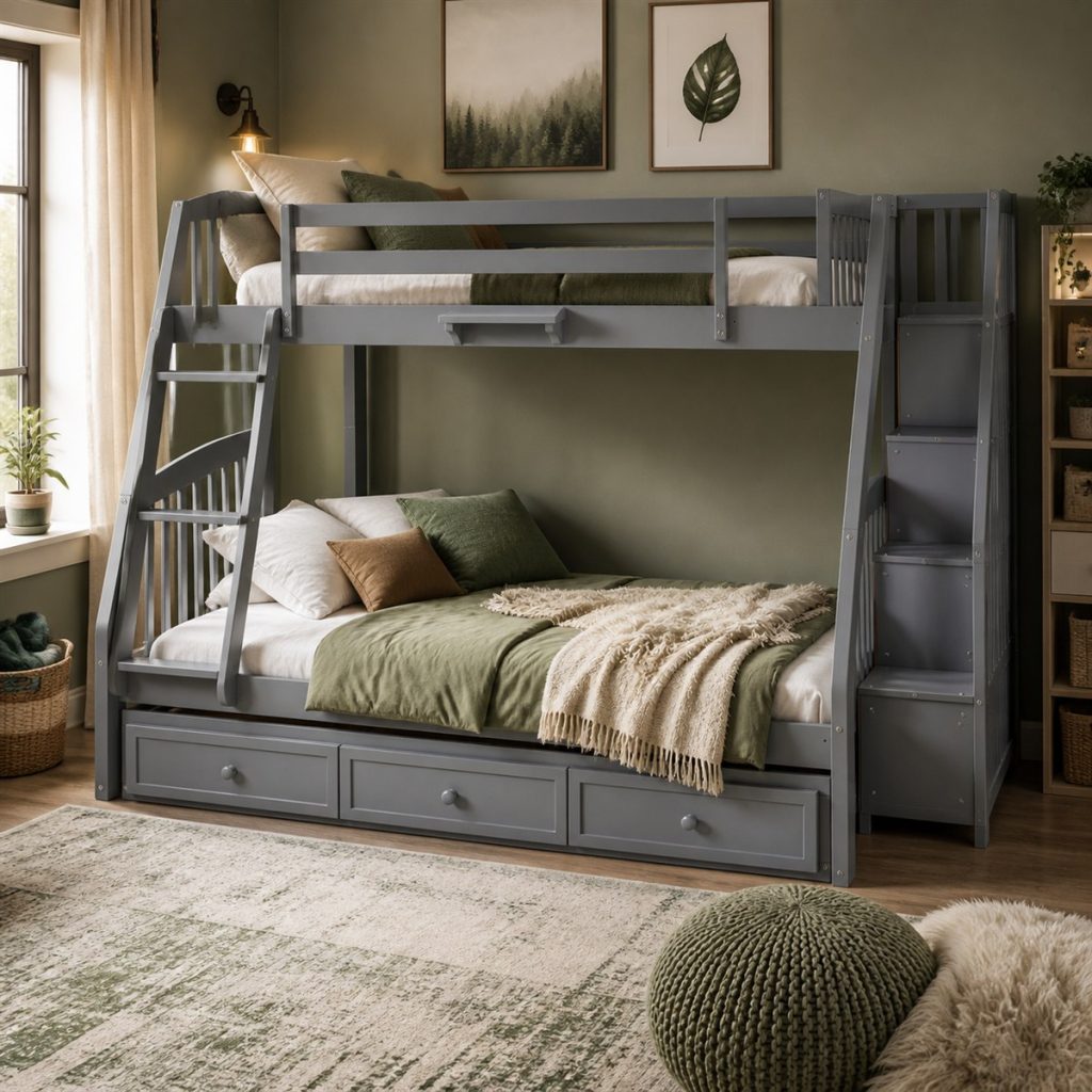 Gray bunk bed with storage stair tower and drawer base