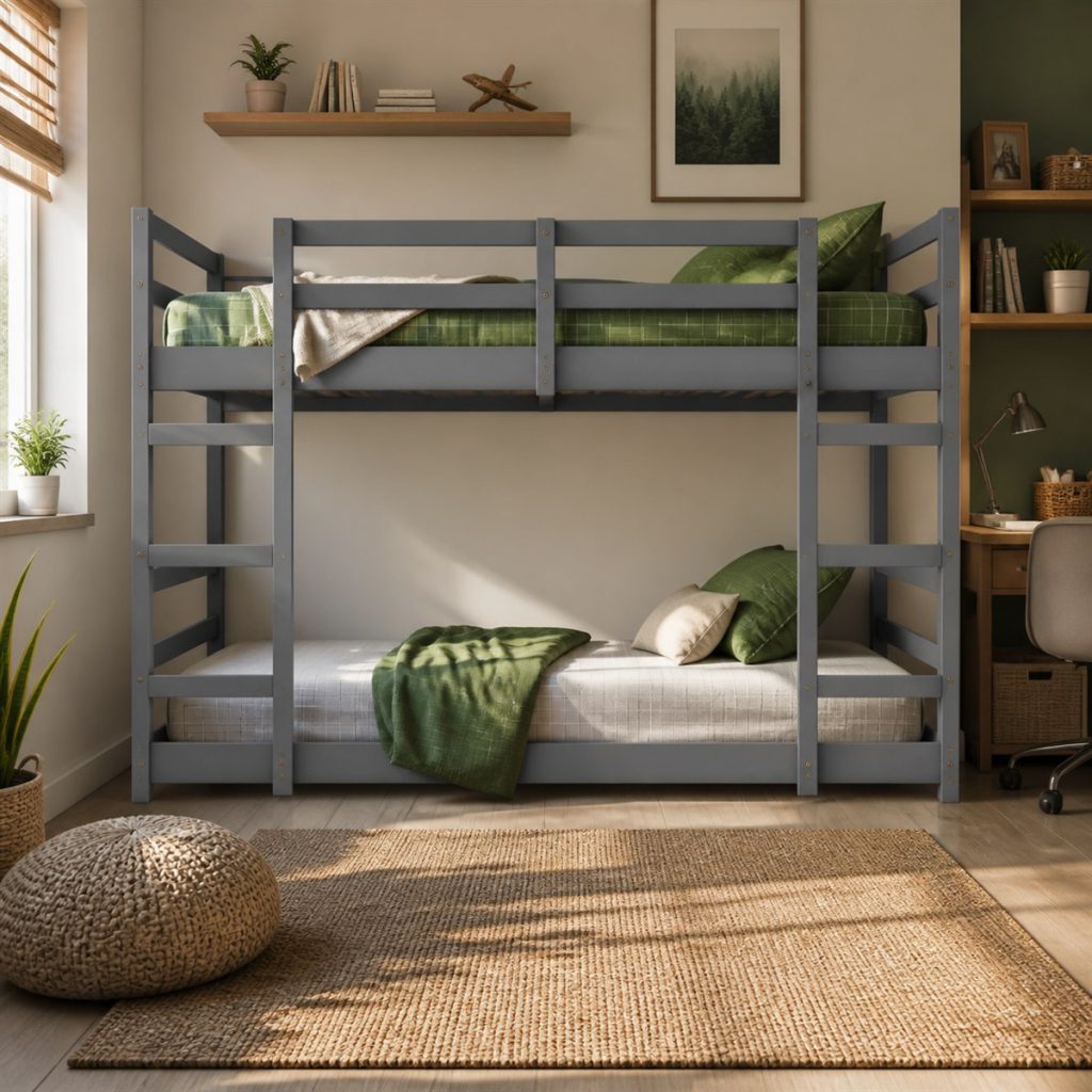 Gray bunk bed with centered ladder and open lower sleeping area