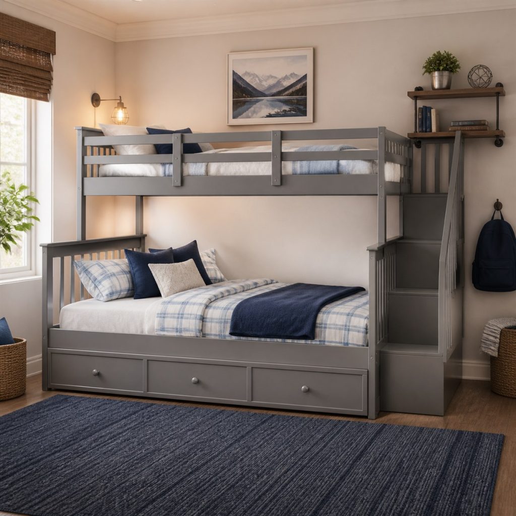 Gray twin-over-full bunk bed with side storage stairs and drawers