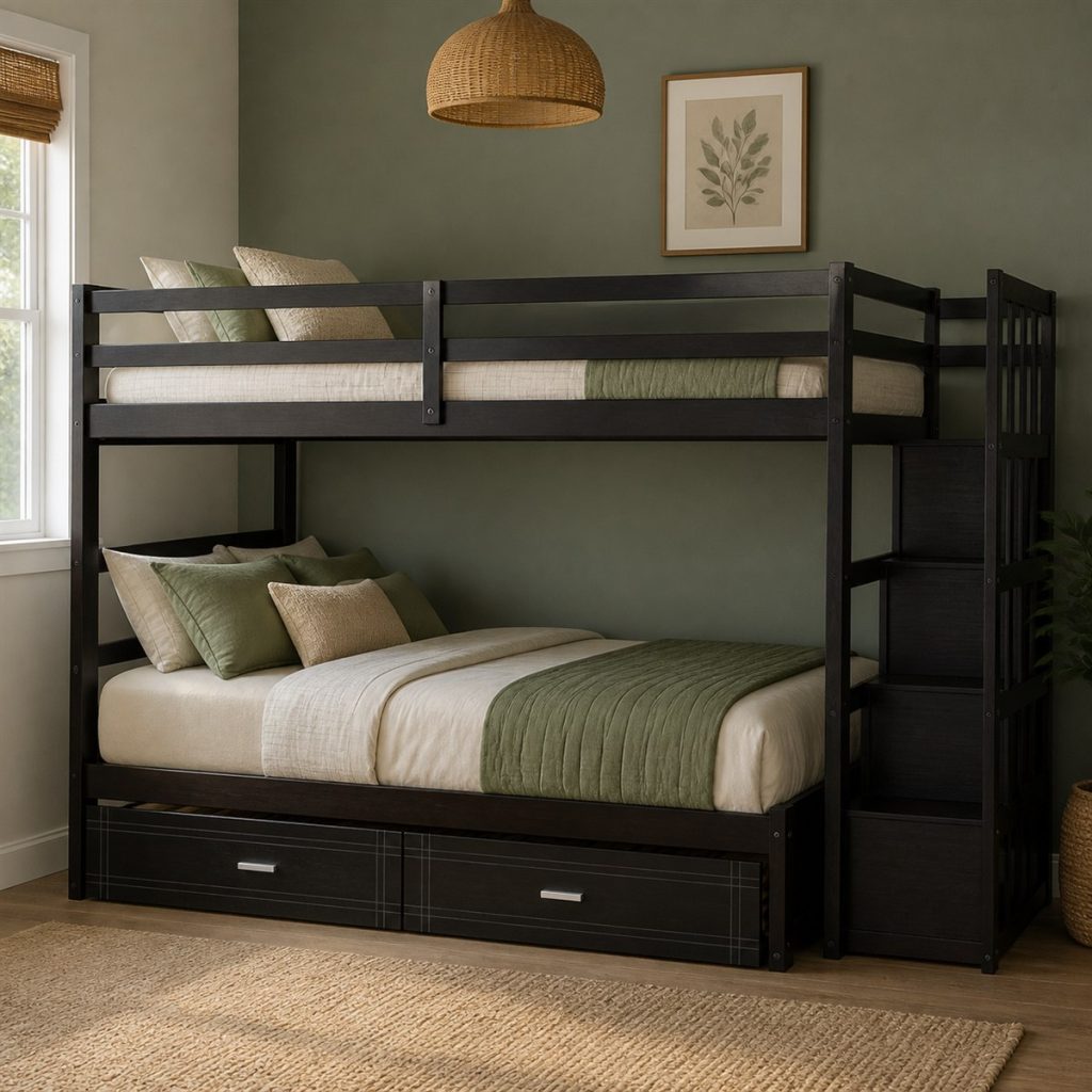 Black bunk bed with side shelves and two deep base drawers