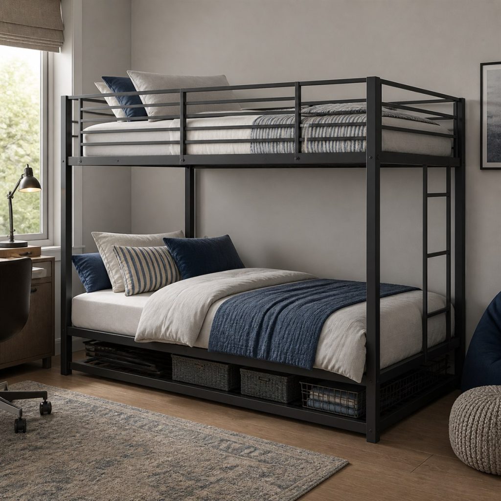 Black bunk bed with rolling storage bins beneath full lower bed