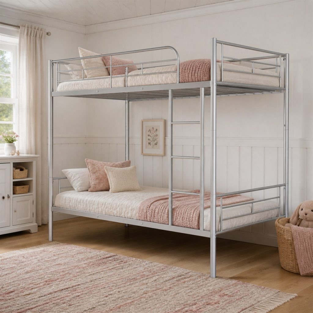 White metal bunk bed with vertical ladder and open floor below