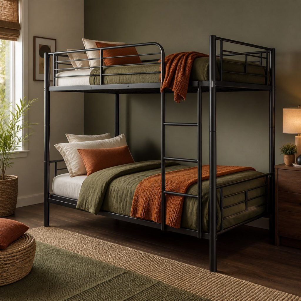 Black metal corner triple bunk bed with central vertical ladder