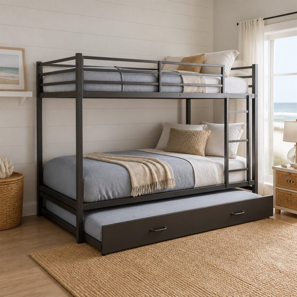 Charcoal bunk bed with a full-width pull-out storage drawer