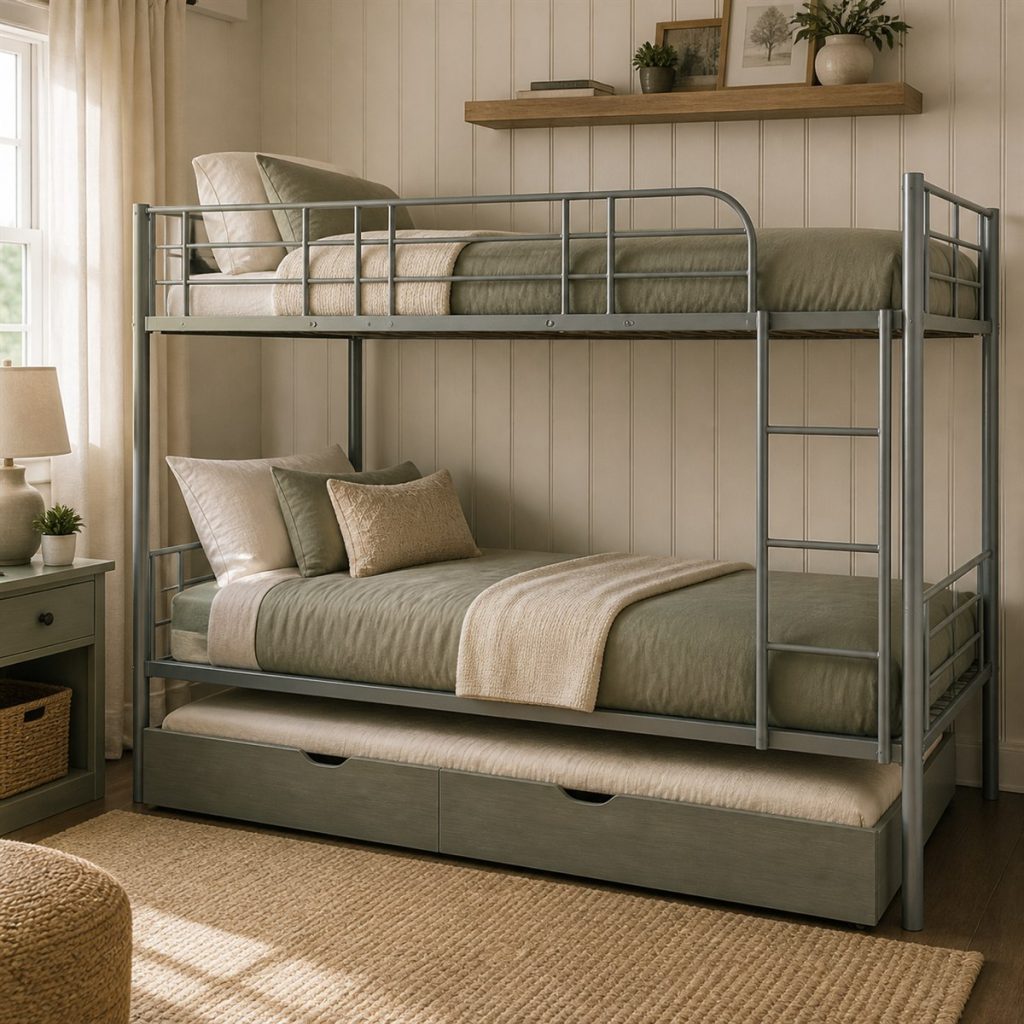 Silver metal bunk bed with a pull-out trundle mattress