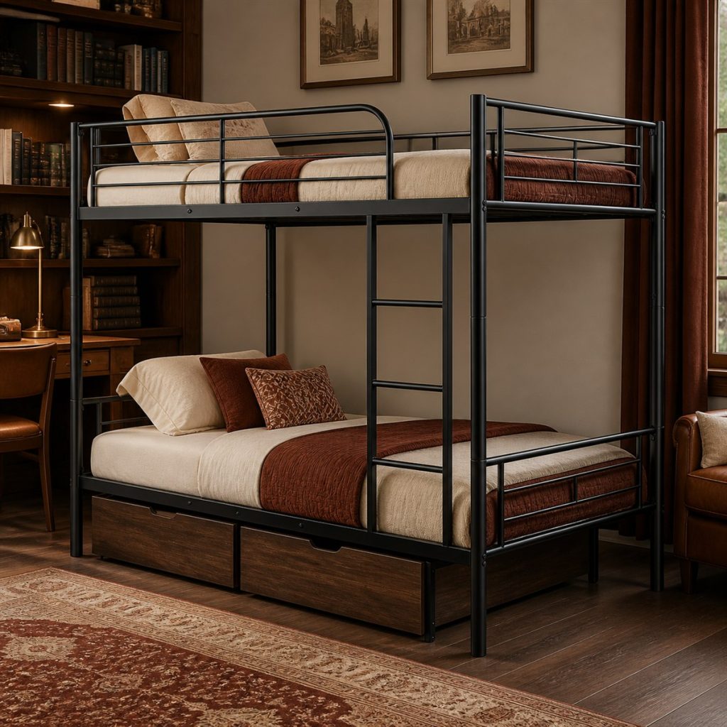 Black metal bunk bed with two warm wood storage drawers