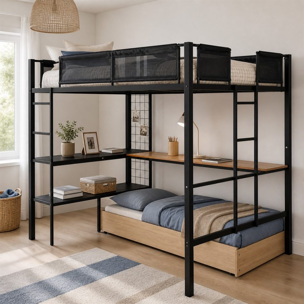 Black loft bed with open shelves and low guest bed below