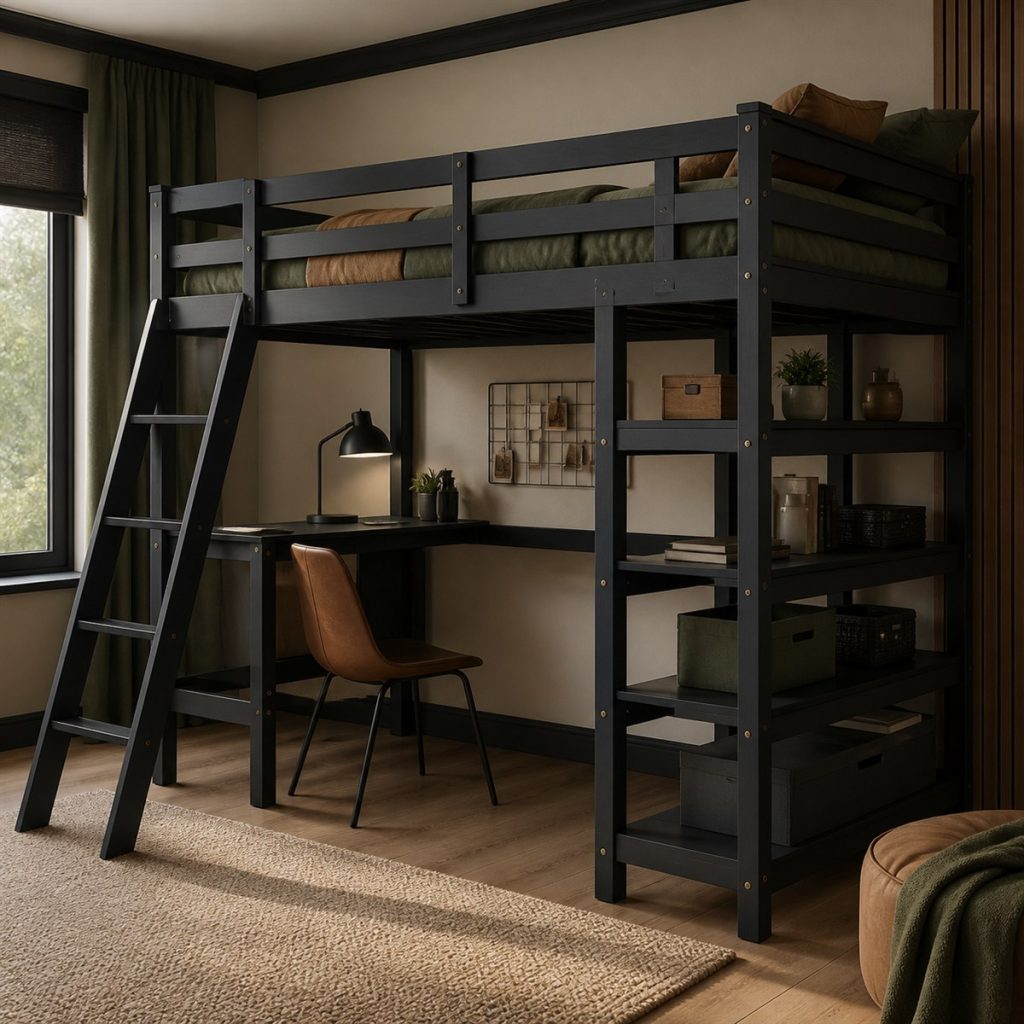 Dark loft bed with desk and storage stair tower