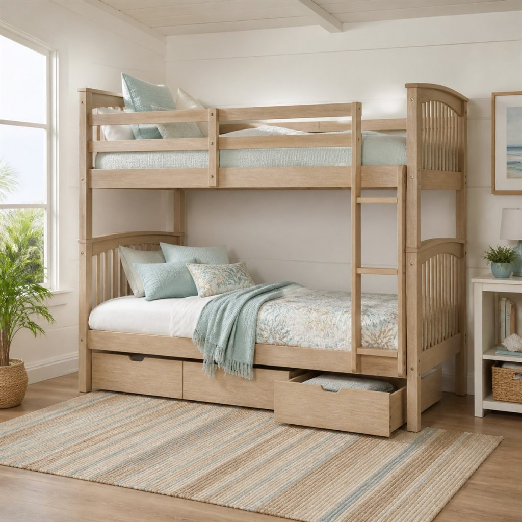 Light wood bunk bed with two rolling drawers beneath lower bed
