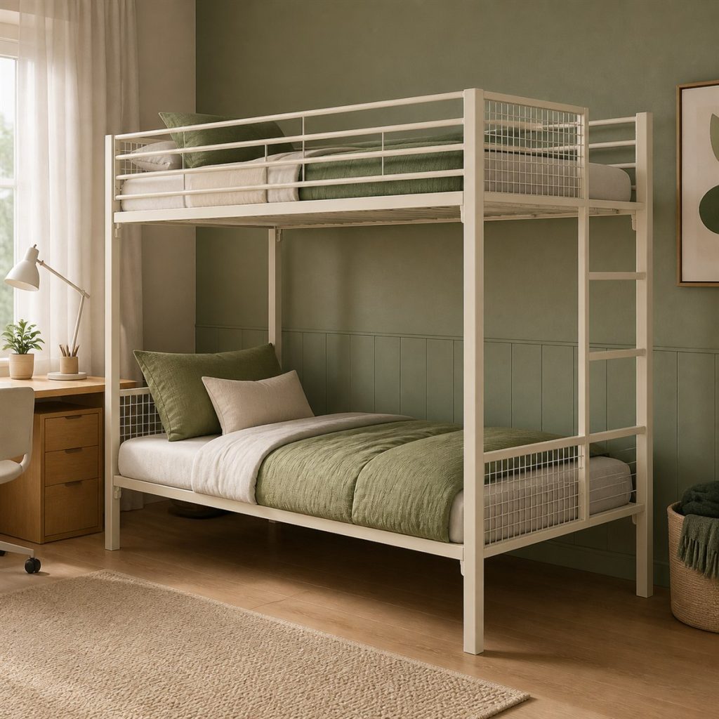 White metal twin bunk bed in a bright shared bedroom