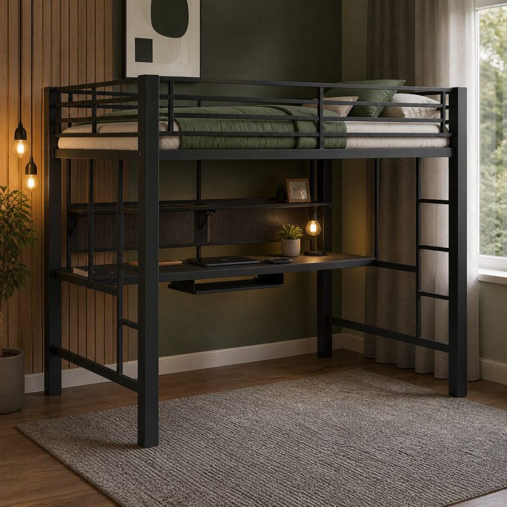 Black metal loft bed with long shared study desk below