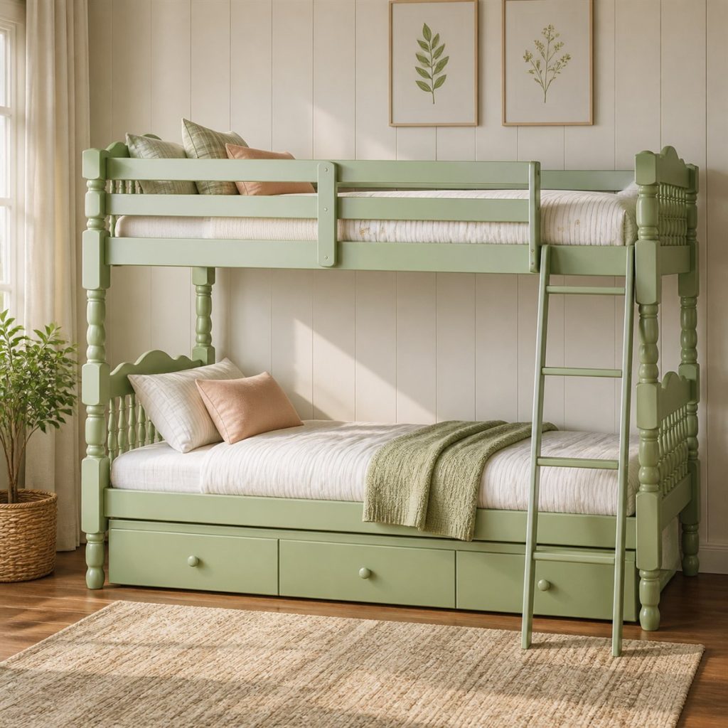 Sage green bunk bed with wide storage drawers