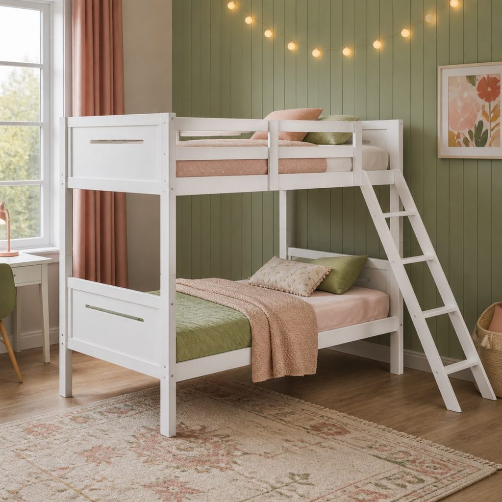 White offset bunk bed with angled ladder and pastel bedding