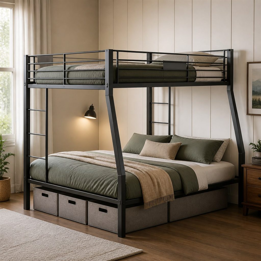 Black twin-over-full bunk bed with three lower storage bins