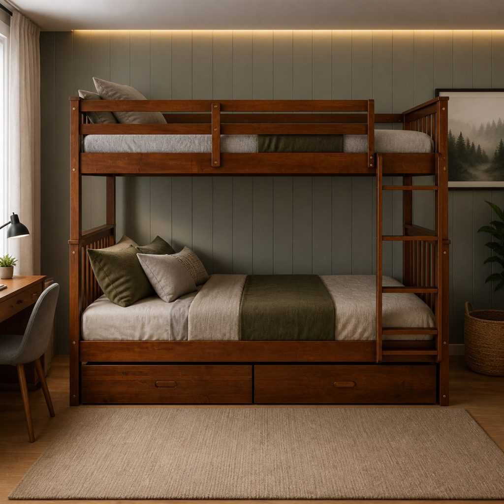 Warm wood shared-room bunk bed with two storage drawers