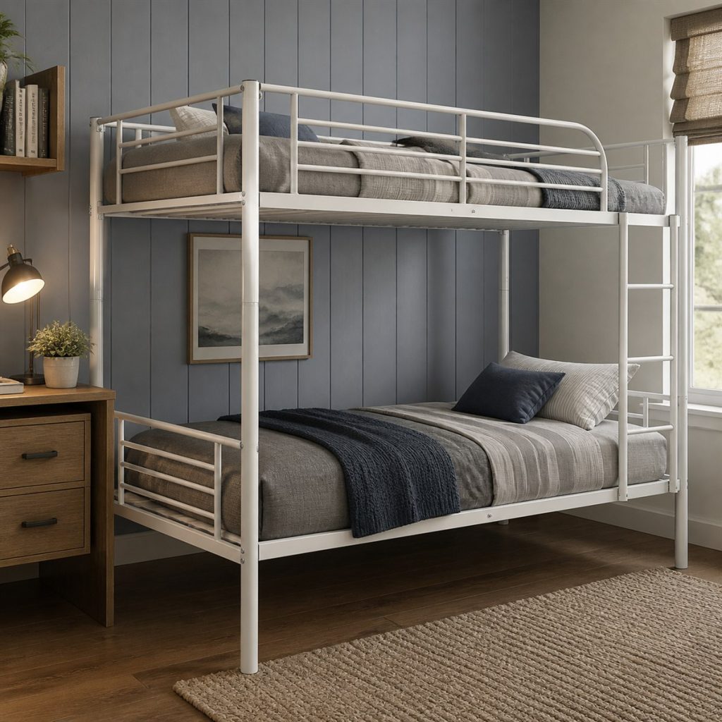 White metal twin-over-full bunk bed with vertical ladder