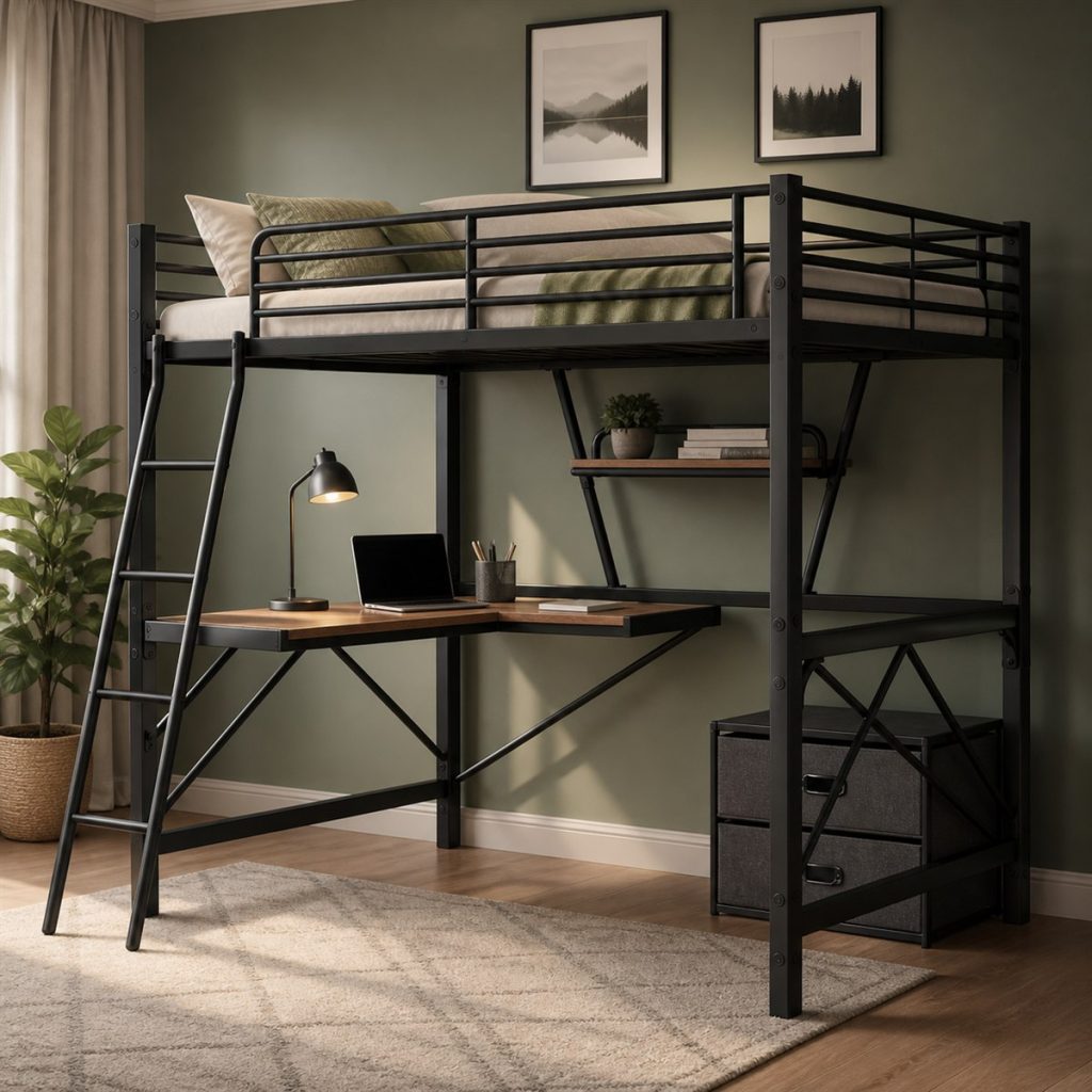 Black loft bed with desk and cabinet in a shared bedroom