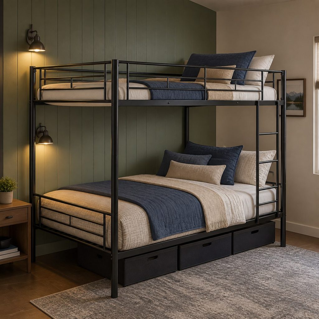 Black bunk bed with two deep drawers in a shared room