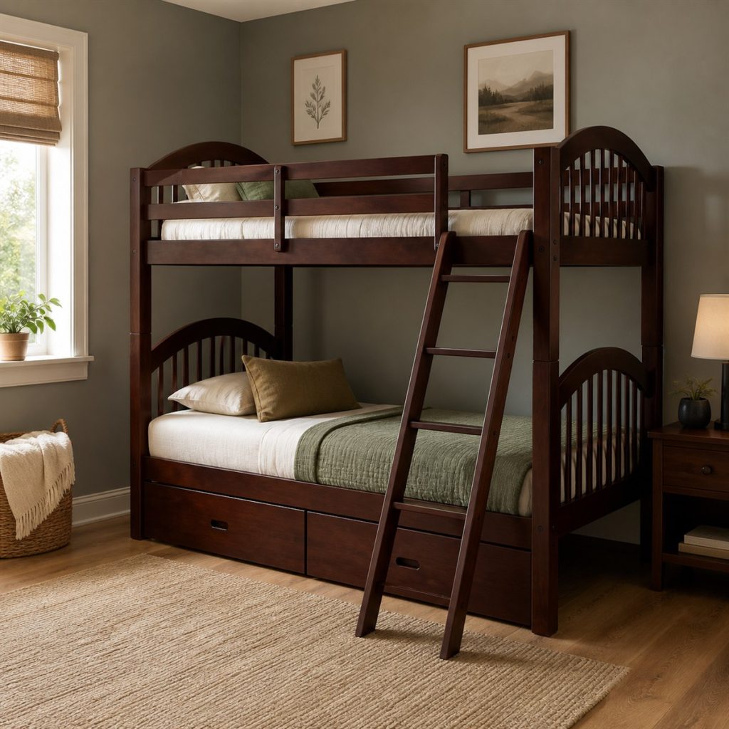 Walnut Bunk with Rolling Base Drawers shown in a square photorealistic bunk bed stairs and storage visualization