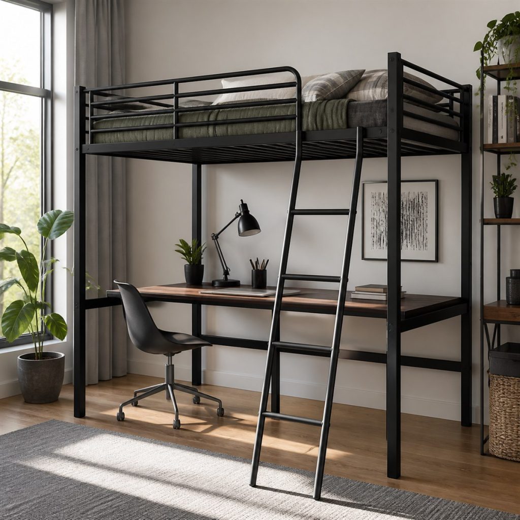Black Metal Loft with Study Desk shown in a square photorealistic bunk bed stairs and storage visualization