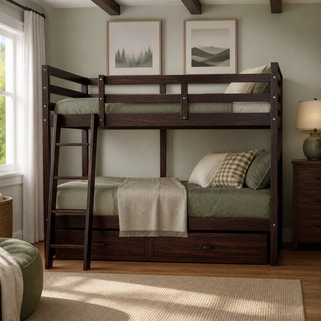 Cherry Twin Bunk with Storage Base shown in a square photorealistic bunk bed stairs and storage visualization