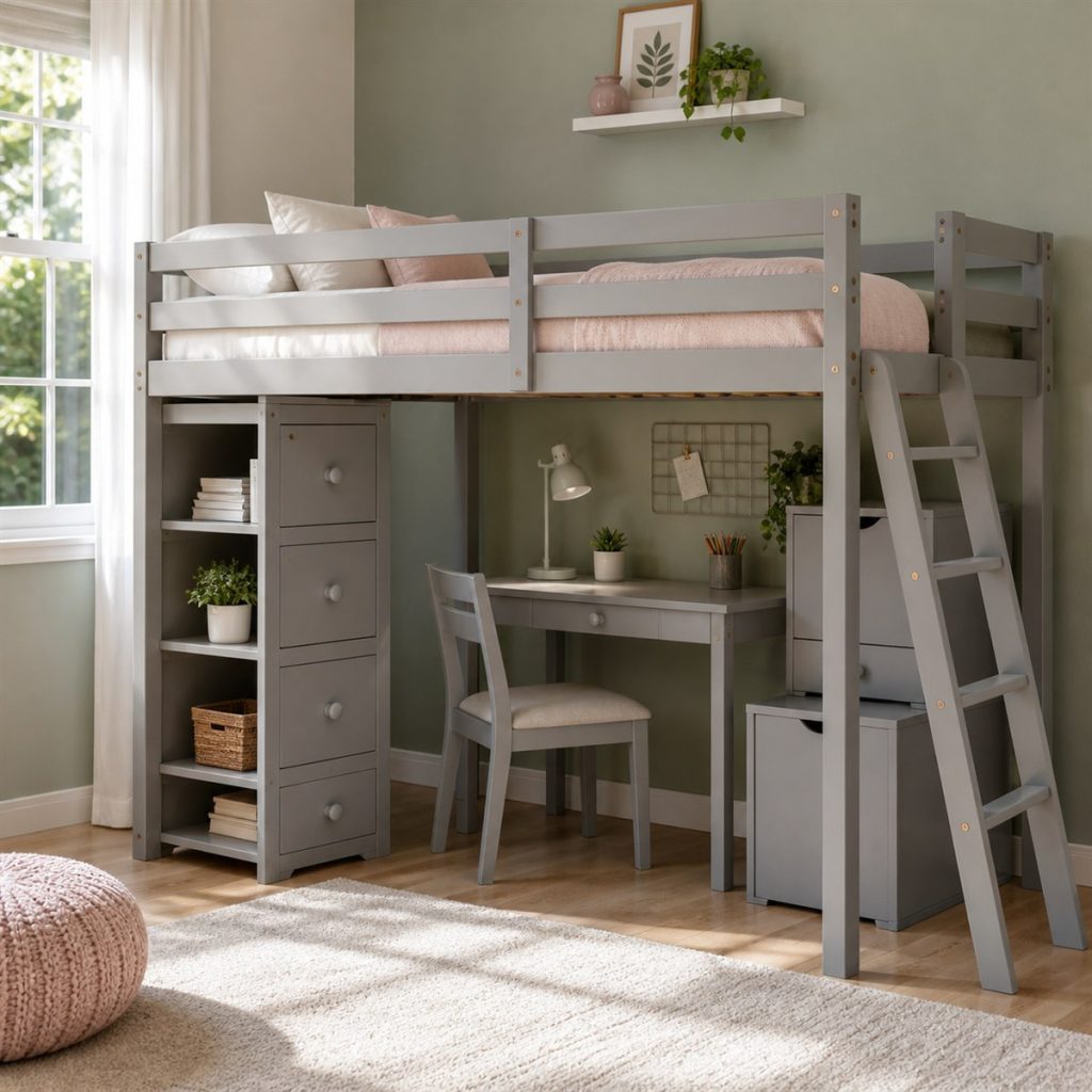 Soft Gray Loft with Cabinet Workstation shown in a square photorealistic bunk bed stairs and storage visualization