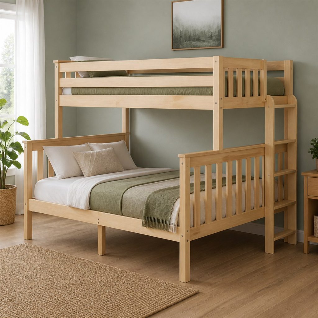 Natural Maple Bunk with End Ladder shown in a square photorealistic bunk bed stairs and storage visualization