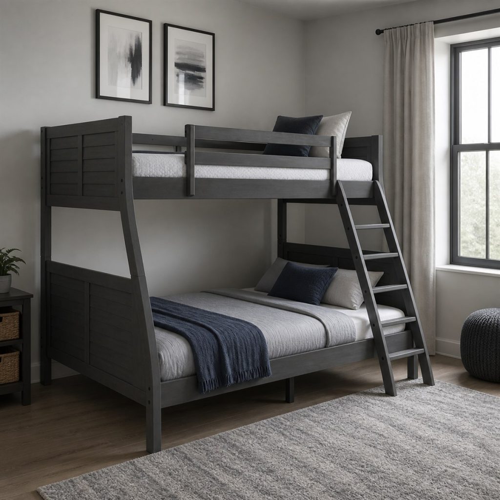 Charcoal Twin-over-Full with Center Support shown in a square photorealistic bunk bed stairs and storage visualization