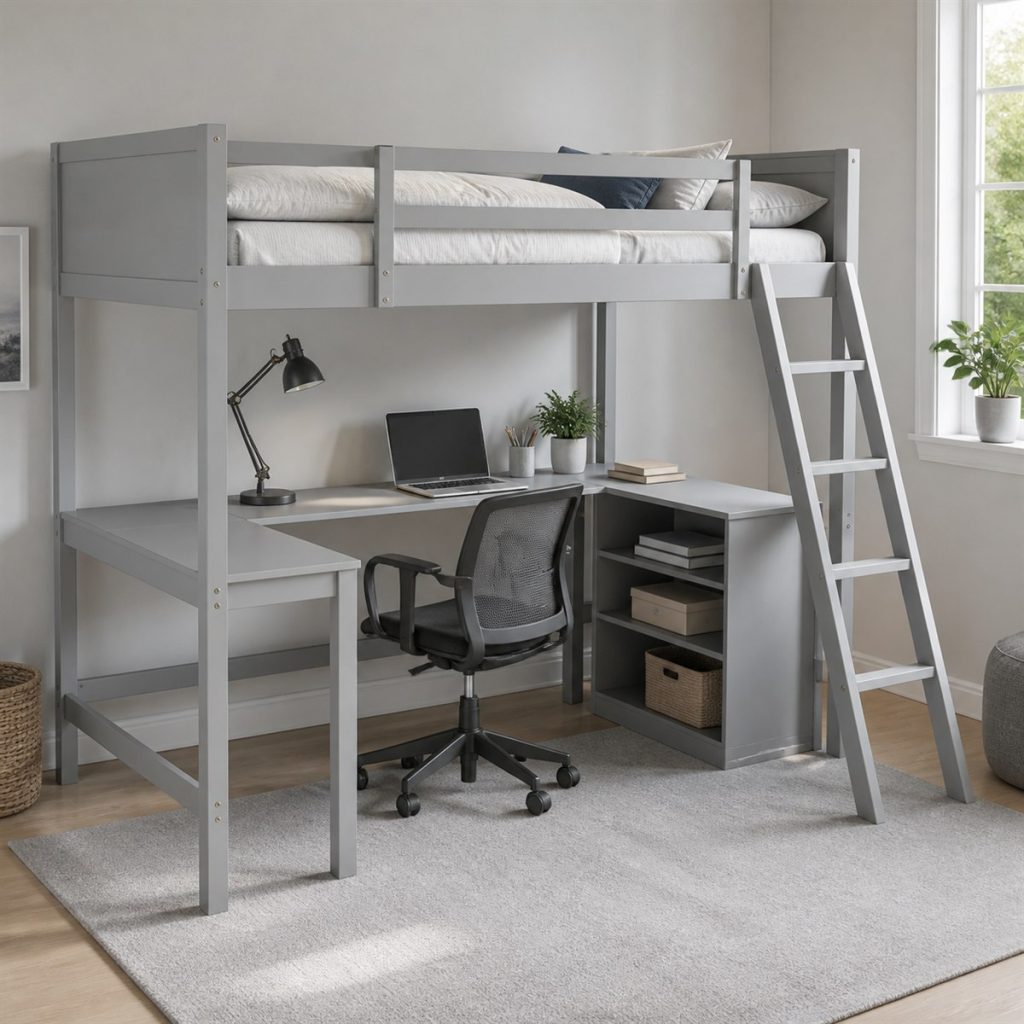 White Loft Desk with Drawer Cabinet shown in a square photorealistic bunk bed stairs and storage visualization