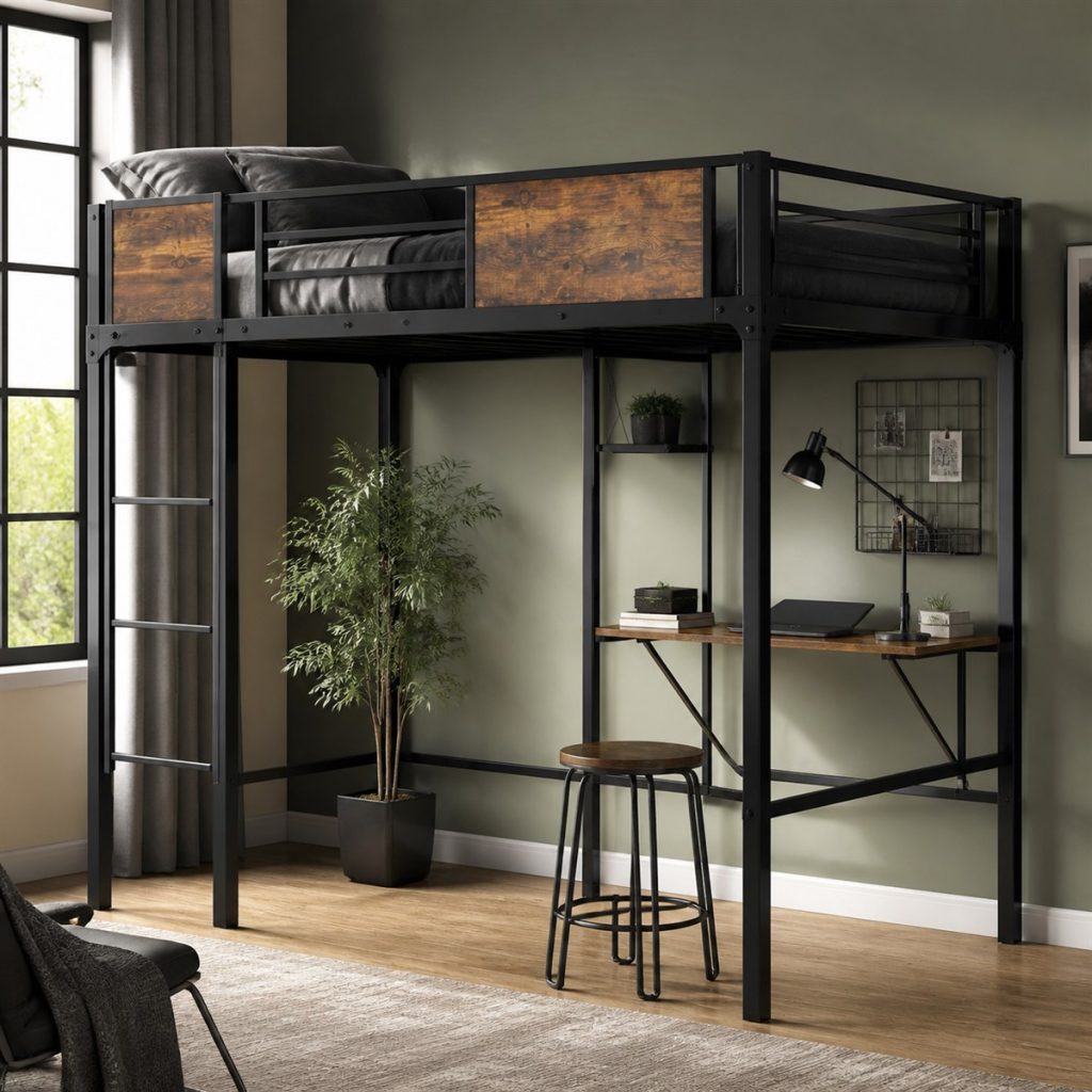 Black Loft with Slim Shelving shown in a square photorealistic bunk bed stairs and storage visualization