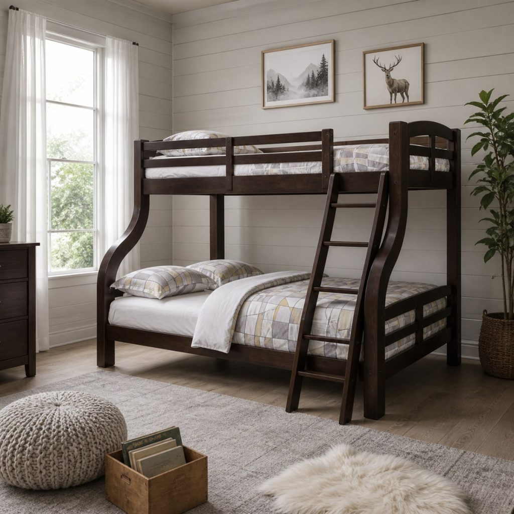 Espresso Low Bunk with Guest Storage shown in a square photorealistic bunk bed stairs and storage visualization