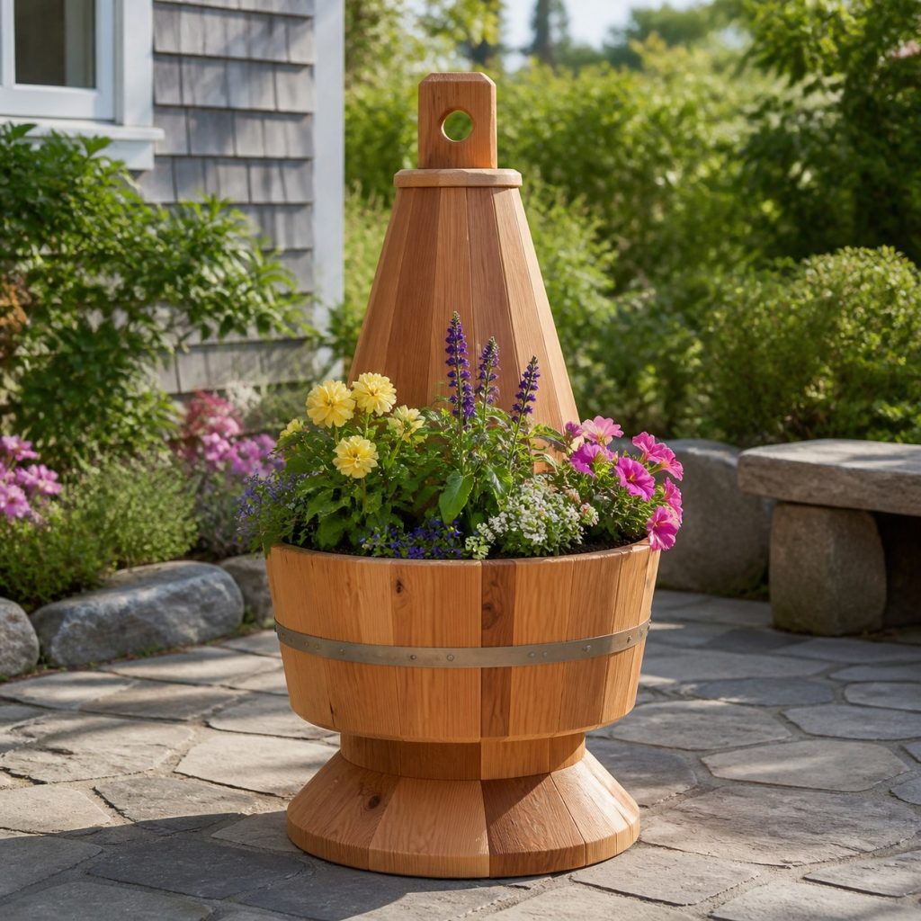 Classic Cedar Garden Buoy shown as a square photorealistic cedar buoy-shaped garden planter filled with flowers