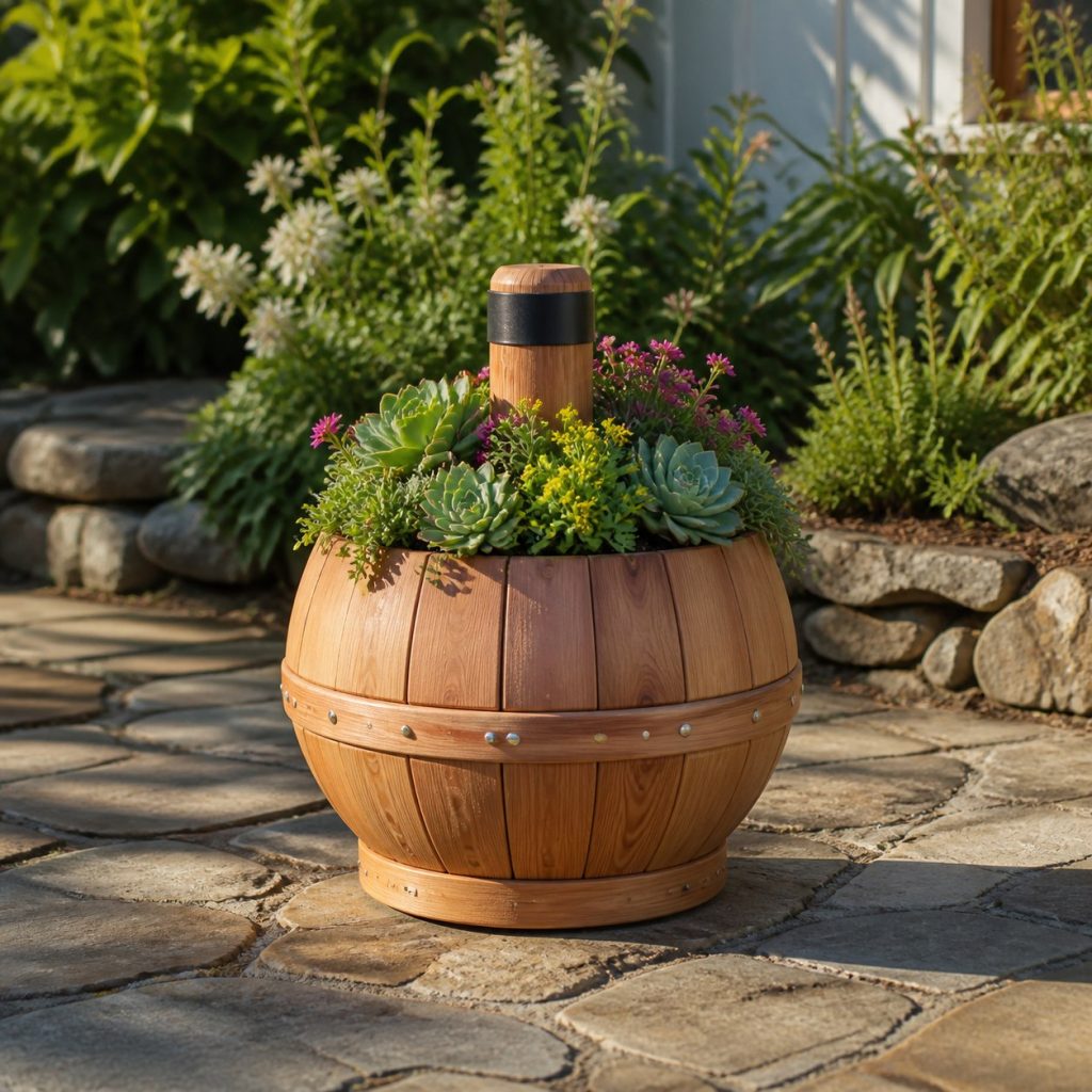 Compact Succulent Buoy shown as a square photorealistic cedar buoy-shaped garden planter filled with flowers