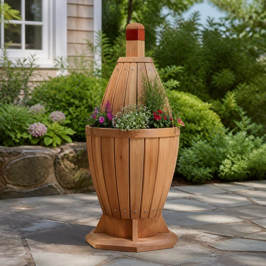 Slatted Herb-Trough Buoy shown as a square photorealistic cedar buoy-shaped garden planter filled with flowers